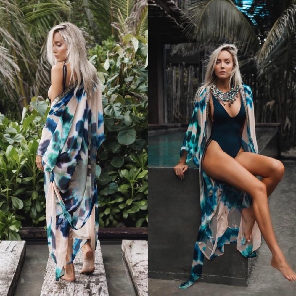 Multicolor Kimono with Patterned Trim